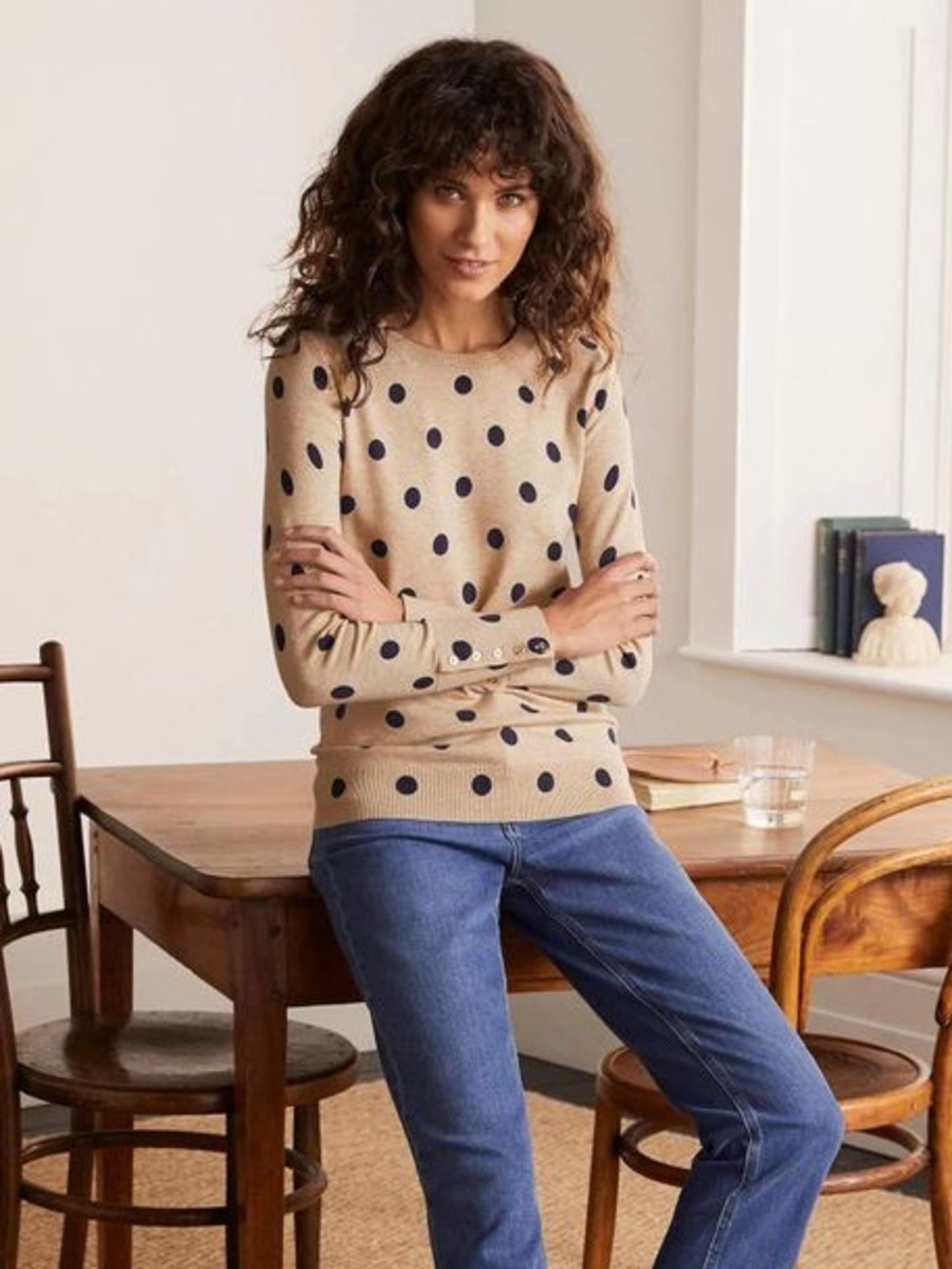Boden Beige Navy Polka Dot Crewneck Cotton Sweater Medium
